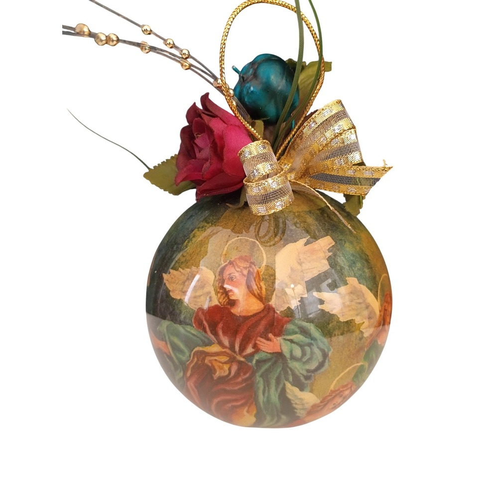 Vintage Angel Decoupage Christmas Ornament Gold Bow Red Rose Holiday Decor - Picture 1 of 4